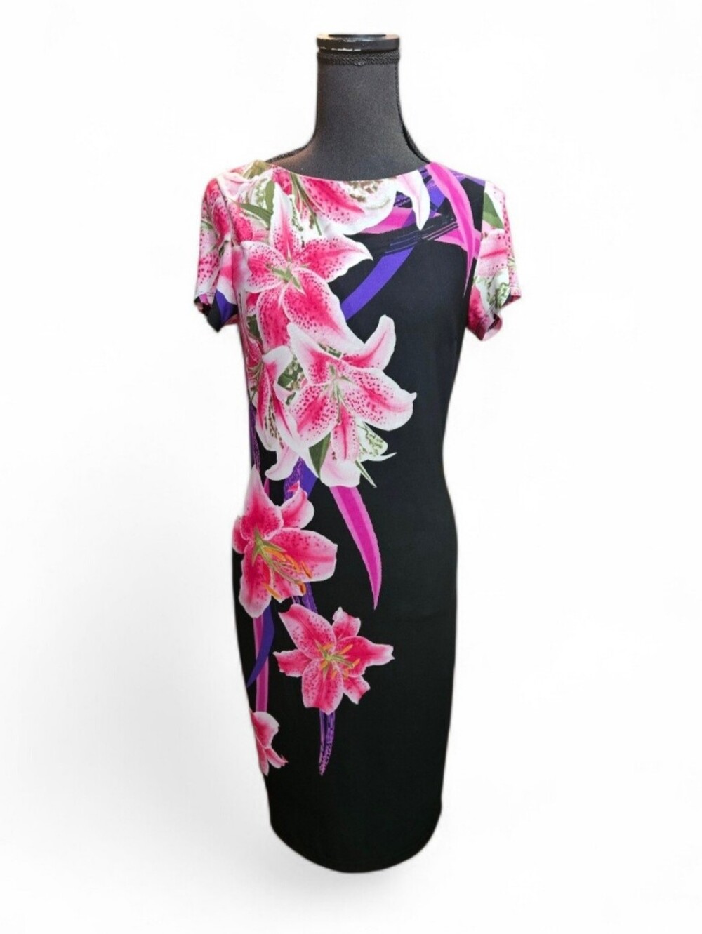 Frank Lyman Design Black Midi Dress with Pink Floral Print Size 6
